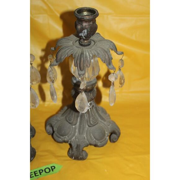 Vintage Pair Of Cast Metal Teardrop Crystals And Prizm Candle Stick Holders - Picture 3 of 12